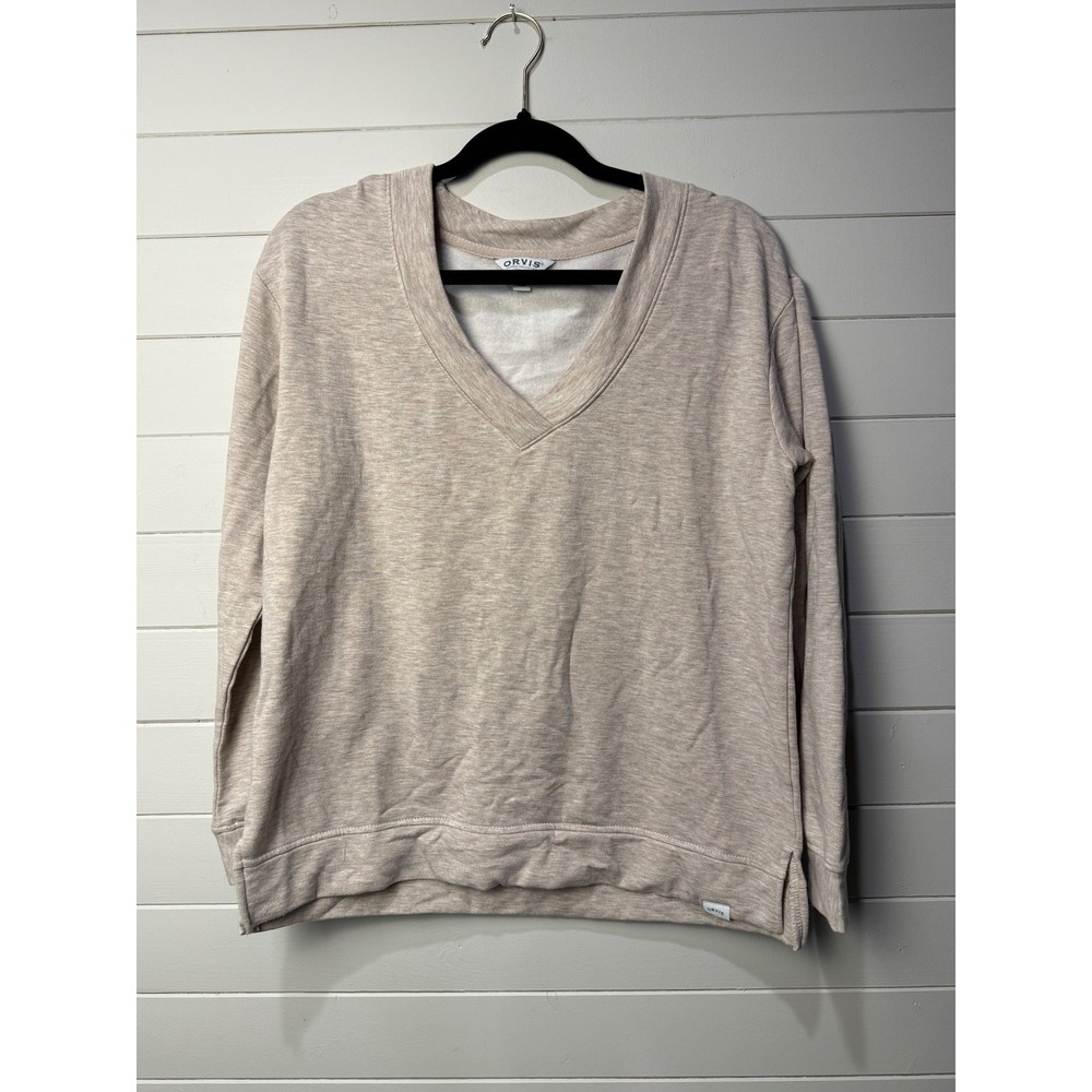 Orvis V-Neck Sweatshirt Womens S Beige Modal Blend Pullover Relaxed Fit Like New